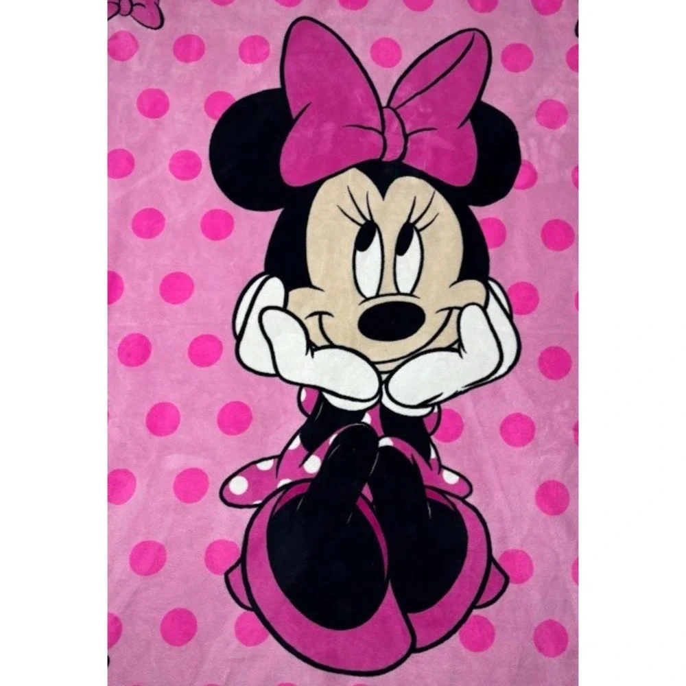 Minnie Mouse Disney Pink Polka‎ Dot Fleece Blanket 50x60 Girls Bow Thick htf EUC
